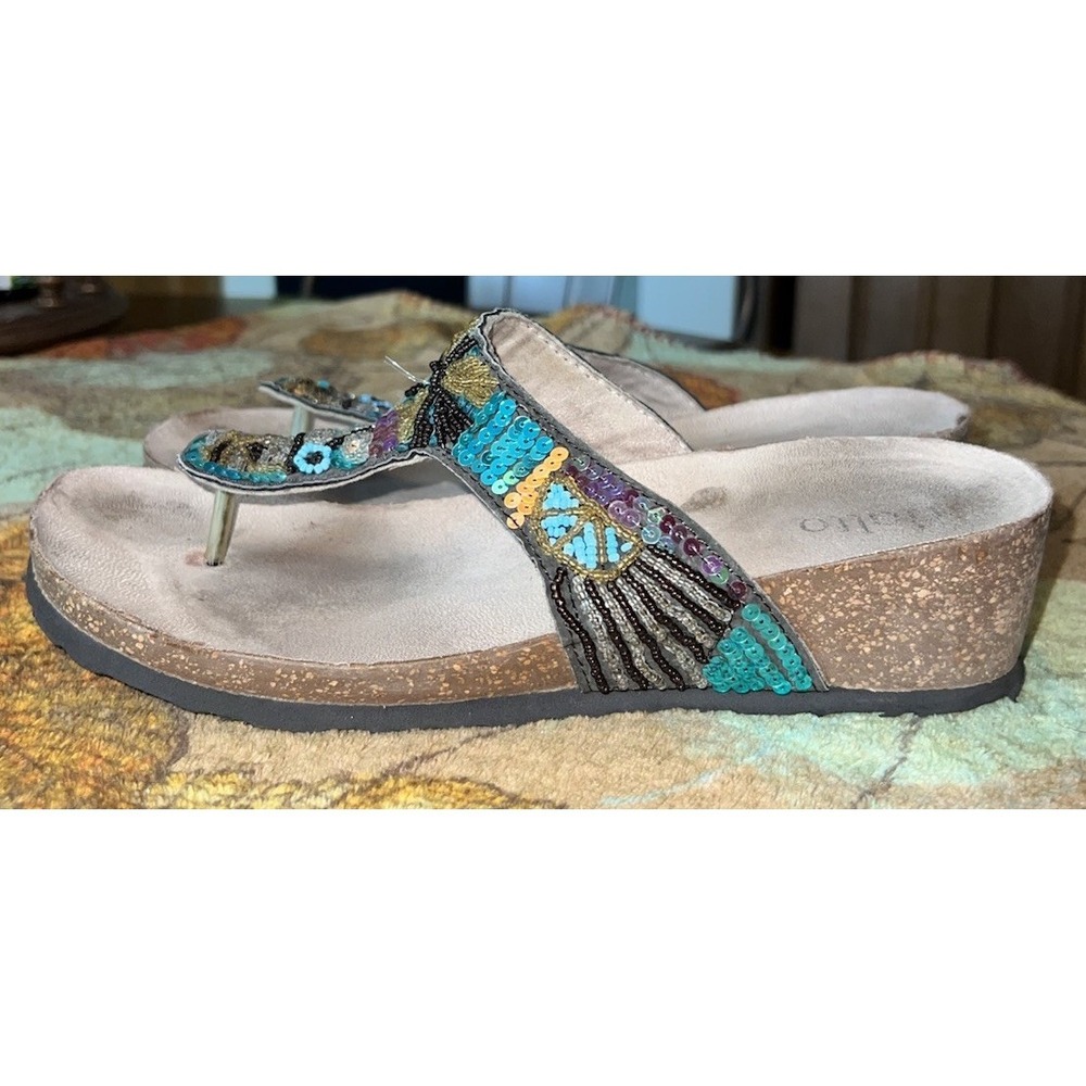 SOLD Rialto Womens 9M Sequin Beaded Wedge Sandals Boho Cork Thong Flip Flops
